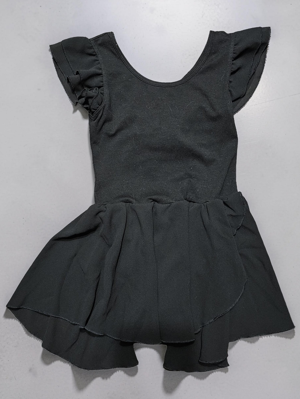 Black Flutter Sleeve Dance Leotard with Skirt. Size L.